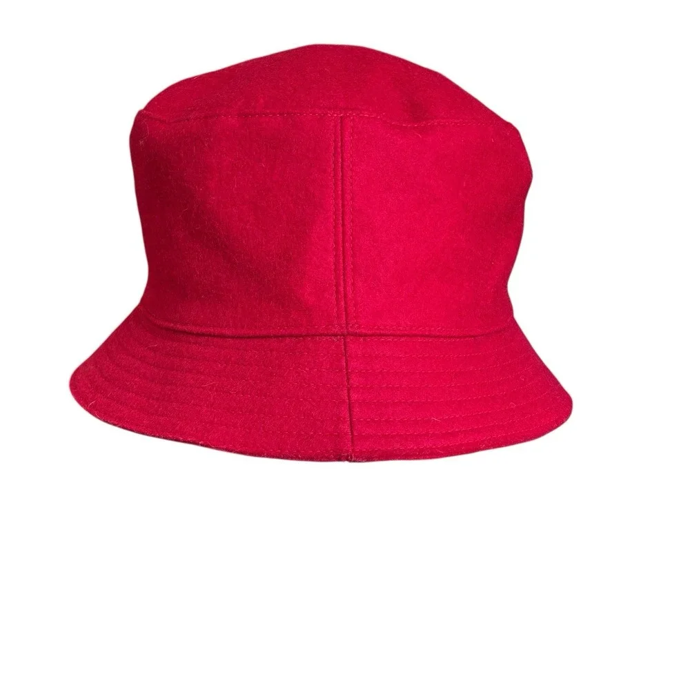 COACH‎ Red Wool Bucket HAT W/ Leather Logo. Lined Sz P/S  EUC